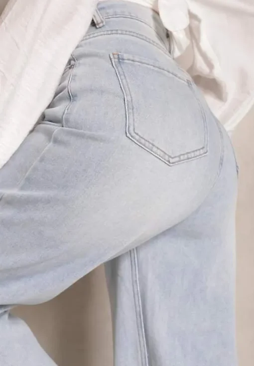 Niebieskie Szerokie Jeansy High Waist z Bawełną i Przeszyciami Silsemi