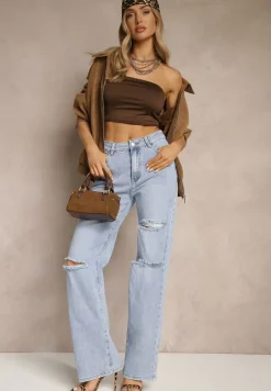 Niebieskie Szerokie Jeansy High Waist z Ozdobnymi Przetarciami Feleldi