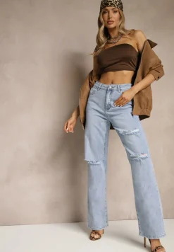 Niebieskie Szerokie Jeansy High Waist z Ozdobnymi Przetarciami Feleldi