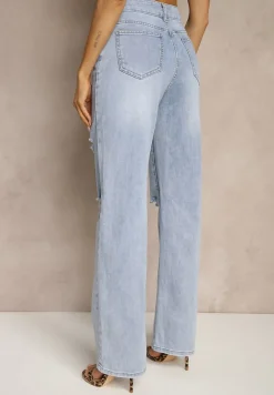 Niebieskie Szerokie Jeansy High Waist z Ozdobnymi Przetarciami Feleldi