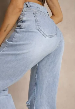 Niebieskie Szerokie Jeansy High Waist z Ozdobnymi Przetarciami Feleldi
