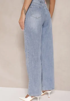 Niebieskie Szerokie Jeansy High Waist z Ozdobnymi Naszywkami Hleffia