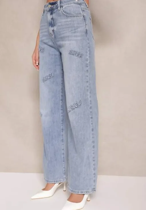 Niebieskie Szerokie Jeansy High Waist z Ozdobnymi Naszywkami Hleffia