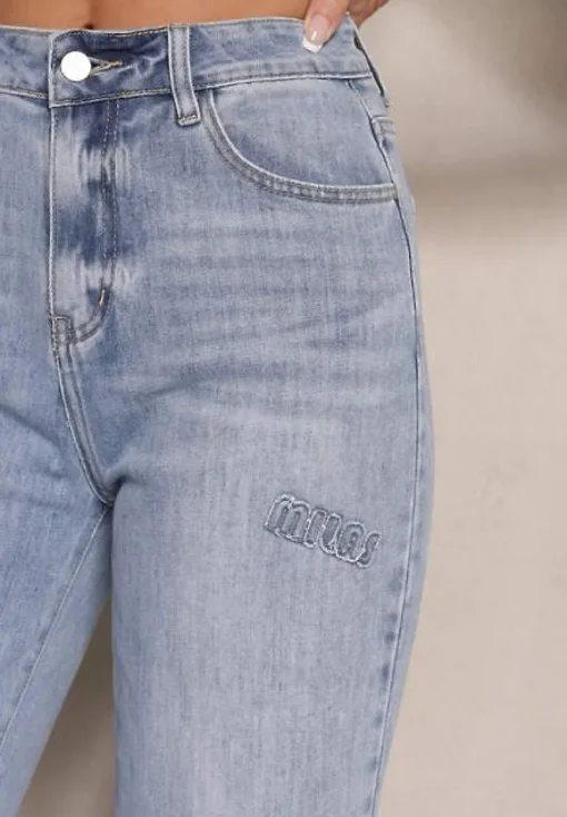 Niebieskie Szerokie Jeansy High Waist z Ozdobnymi Naszywkami Hleffia