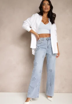 Niebieskie Szerokie Jeansy High Waist Zdobione Wzorem w Kwiaty Firedis
