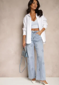 Niebieskie Szerokie Jeansy High Waist Zdobione Wzorem w Kwiaty Firedis