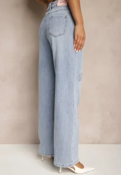 Niebieskie Szerokie Jeansy High Waist Zdobione Wzorem w Kwiaty Firedis