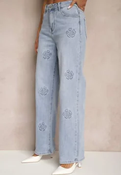 Niebieskie Szerokie Jeansy High Waist Zdobione Wzorem w Kwiaty Firedis