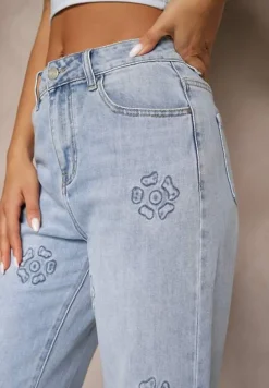 Niebieskie Szerokie Jeansy High Waist Zdobione Wzorem w Kwiaty Firedis