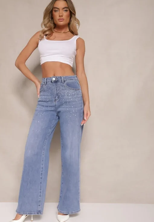 Niebieskie Szerokie Jeansy z Bawełną High Waist Assemi