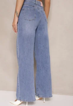 Niebieskie Szerokie Jeansy z Bawełną High Waist Assemi