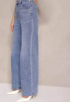 Niebieskie Szerokie Jeansy z Bawełną High Waist Assemi
