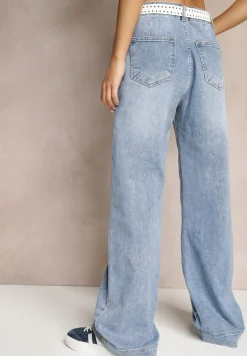 Niebieskie Szerokie Jeansy High Waist z Naszytymi Kieszeniami z Przodu Delaniel
