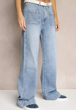 Niebieskie Szerokie Jeansy High Waist z Naszytymi Kieszeniami z Przodu Delaniel