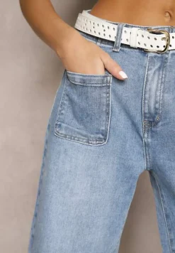 Niebieskie Szerokie Jeansy High Waist z Naszytymi Kieszeniami z Przodu Delaniel