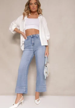 Niebieskie Szerokie Jeansy z Bawełną High Waist z Mankietami Dlinntia