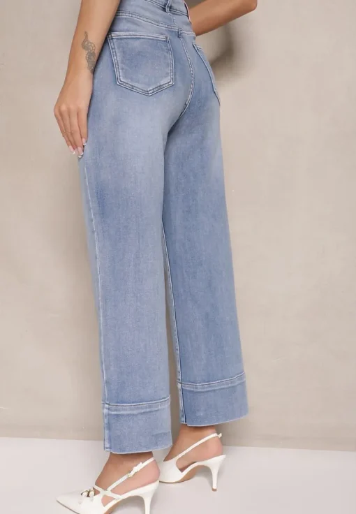Niebieskie Szerokie Jeansy z Bawełną High Waist z Mankietami Dlinntia