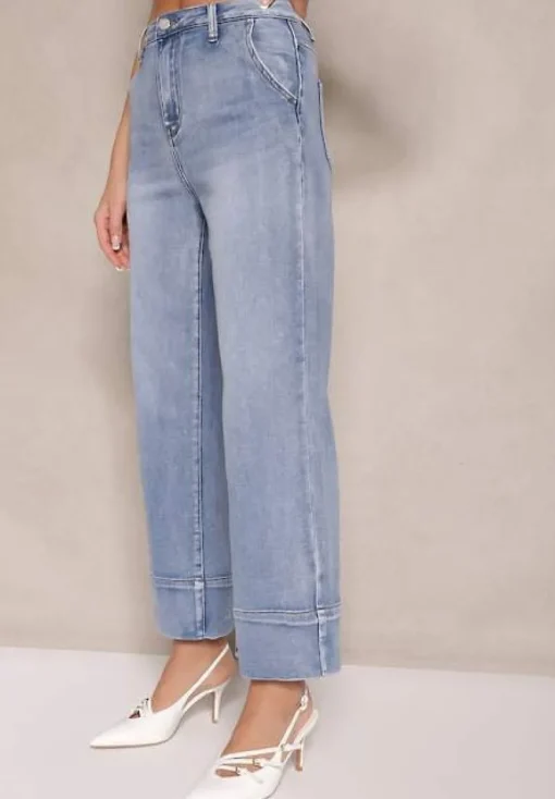 Niebieskie Szerokie Jeansy z Bawełną High Waist z Mankietami Dlinntia