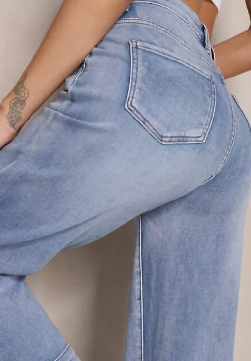 Niebieskie Szerokie Jeansy z Bawełną High Waist z Mankietami Dlinntia