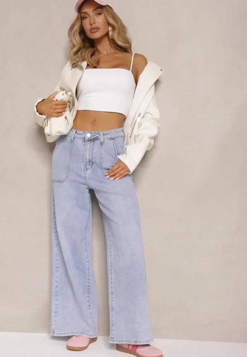 Niebieskie Szerokie Jeansy High Waist z Naszytymi Kieszeniami Zalittie