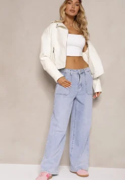 Niebieskie Szerokie Jeansy High Waist z Naszytymi Kieszeniami Zalittie