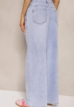 Niebieskie Szerokie Jeansy High Waist z Naszytymi Kieszeniami Zalittie