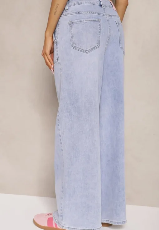 Niebieskie Szerokie Jeansy High Waist z Naszytymi Kieszeniami Zalittie