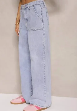 Niebieskie Szerokie Jeansy High Waist z Naszytymi Kieszeniami Zalittie