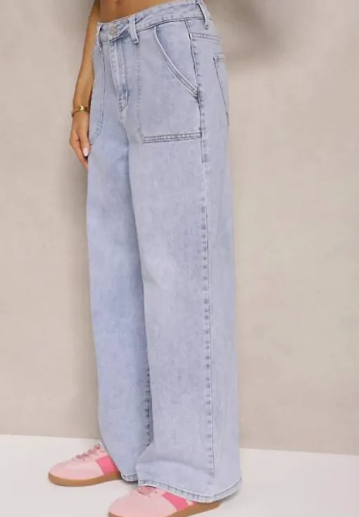 Niebieskie Szerokie Jeansy High Waist z Naszytymi Kieszeniami Zalittie
