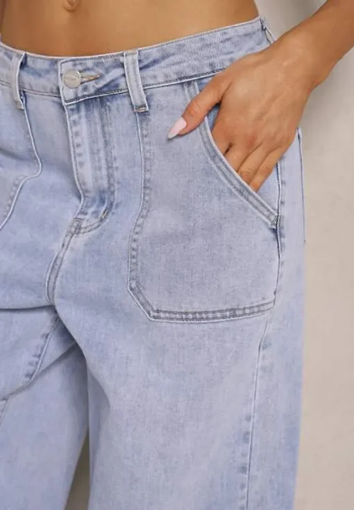 Niebieskie Szerokie Jeansy High Waist z Naszytymi Kieszeniami Zalittie