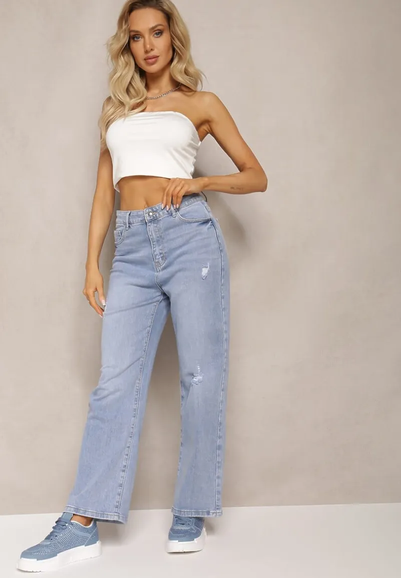 Niebieskie Szerokie Jeansy z Bawełny Ozdobione Haftami Hiame