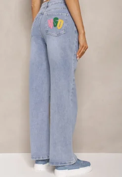 Niebieskie Szerokie Jeansy z Bawełny Ozdobione Haftami Hiame