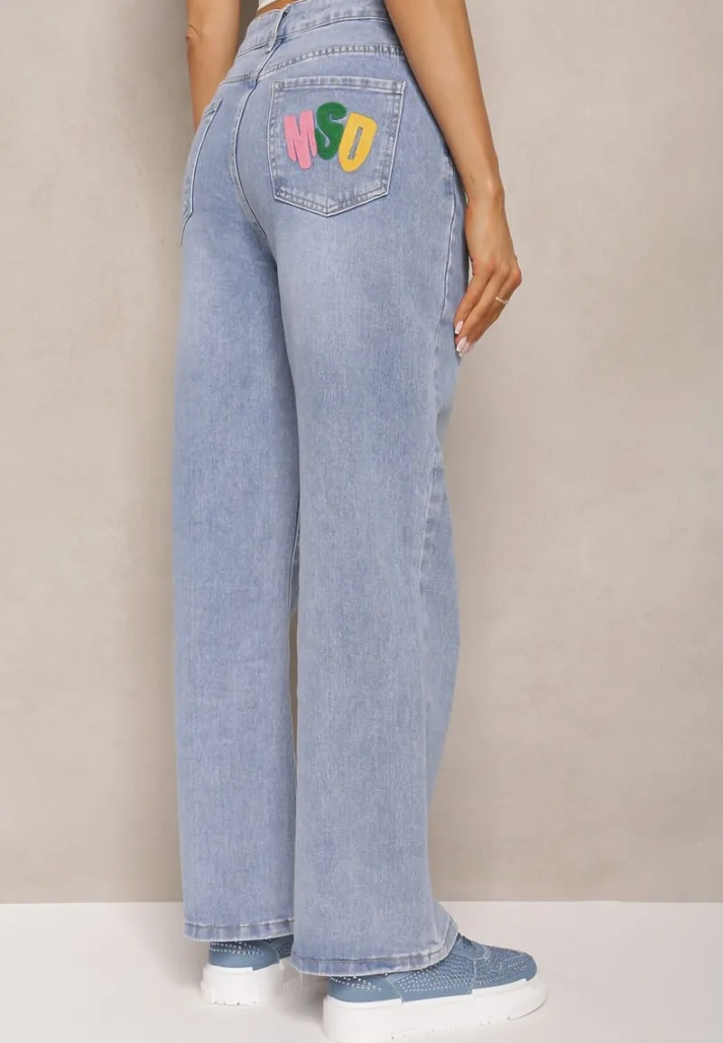 Niebieskie Szerokie Jeansy z Bawełny Ozdobione Haftami Hiame
