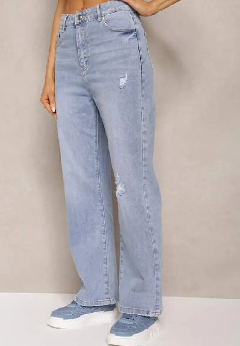 Niebieskie Szerokie Jeansy z Bawełny Ozdobione Haftami Hiame