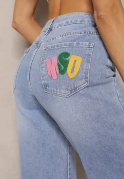 Niebieskie Szerokie Jeansy z Bawełny Ozdobione Haftami Hiame