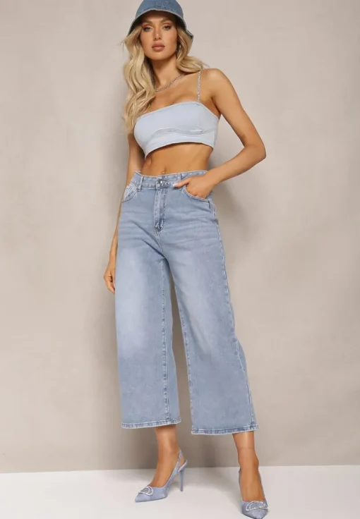 Niebieskie Szerokie Jeansy z Bawełny o Długości 7/8 High Waist Elsifa