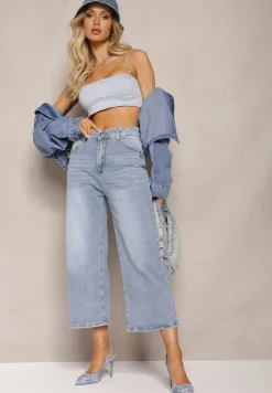Niebieskie Szerokie Jeansy z Bawełny o Długości 7/8 High Waist Elsifa