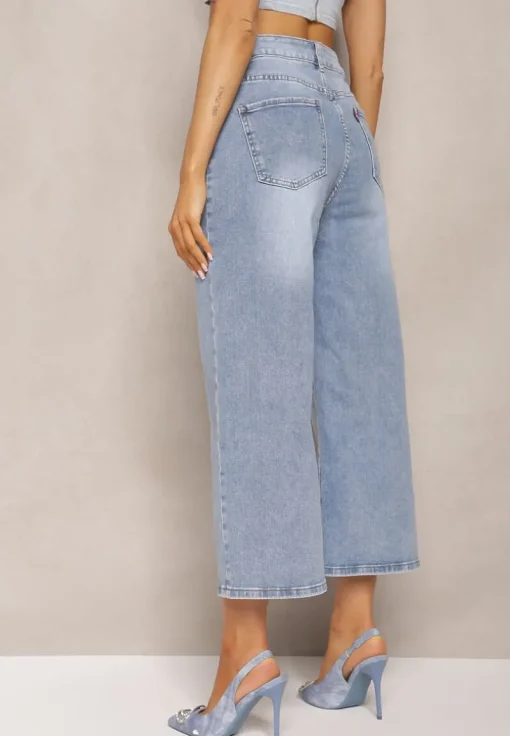 Niebieskie Szerokie Jeansy z Bawełny o Długości 7/8 High Waist Elsifa