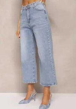 Niebieskie Szerokie Jeansy z Bawełny o Długości 7/8 High Waist Elsifa