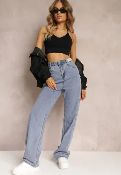 Niebieskie Szerokie Jeansy High Waist Onte