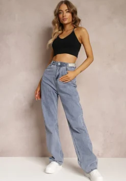 Niebieskie Szerokie Jeansy High Waist Onte