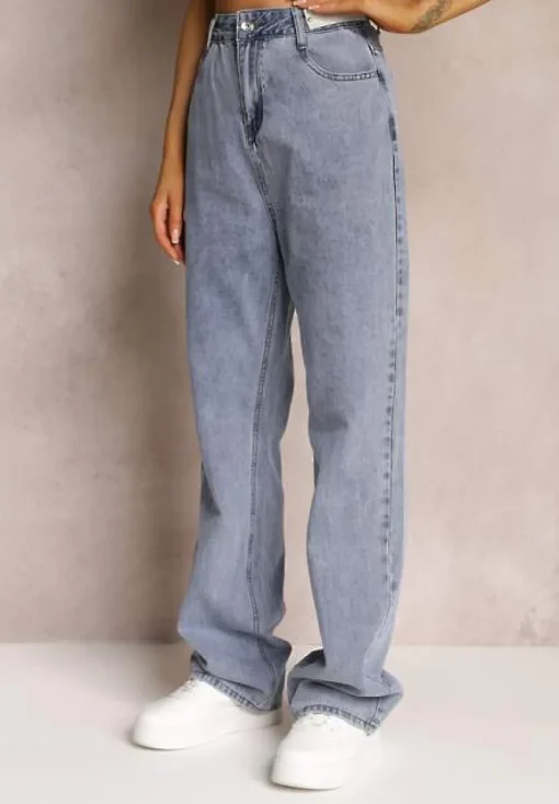 Niebieskie Szerokie Jeansy High Waist Onte