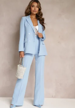 Niebieskie Szerokie Spodnie Garniturowe z Wysokim Stanem i Gumką w Talii Meaba