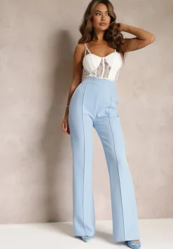 Niebieskie Szerokie Spodnie Garniturowe z Wysokim Stanem i Gumką w Talii Meaba