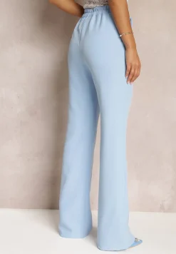 Niebieskie Szerokie Spodnie Garniturowe z Wysokim Stanem i Gumką w Talii Meaba