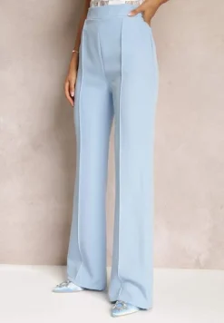 Niebieskie Szerokie Spodnie Garniturowe z Wysokim Stanem i Gumką w Talii Meaba