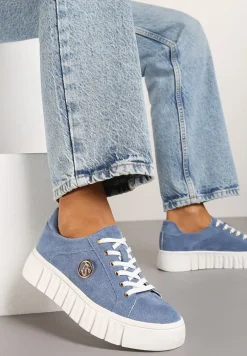 Niebieskie Sznurowane Sneakersy Vices na Platformie z Tłoczeniem i Metaliczną Aplikacją Lavfedi