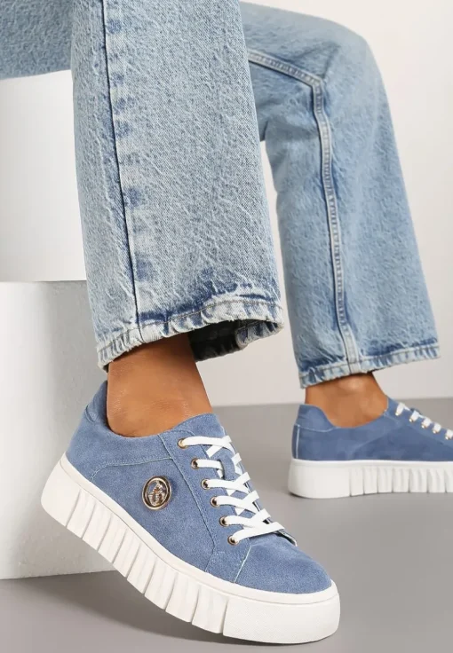 Niebieskie Sznurowane Sneakersy Vices na Platformie z Tłoczeniem i Metaliczną Aplikacją Lavfedi