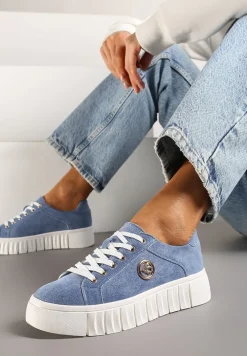 Niebieskie Sznurowane Sneakersy Vices na Platformie z Tłoczeniem i Metaliczną Aplikacją Lavfedi