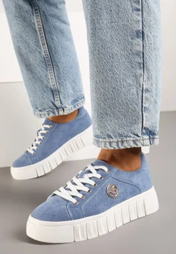 Niebieskie Sznurowane Sneakersy Vices na Platformie z Tłoczeniem i Metaliczną Aplikacją Lavfedi
